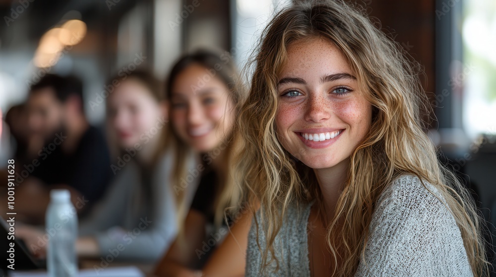 Young Woman Smiling with Friends in Modern Cafe Setting Young Woman Smiling with Friends in Modern Cafe Setting