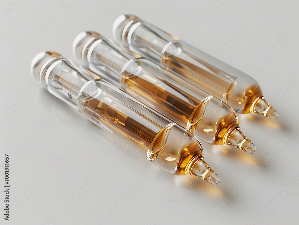 Naklejka premium Closeup of Three Glass Vials Filled with Liquid