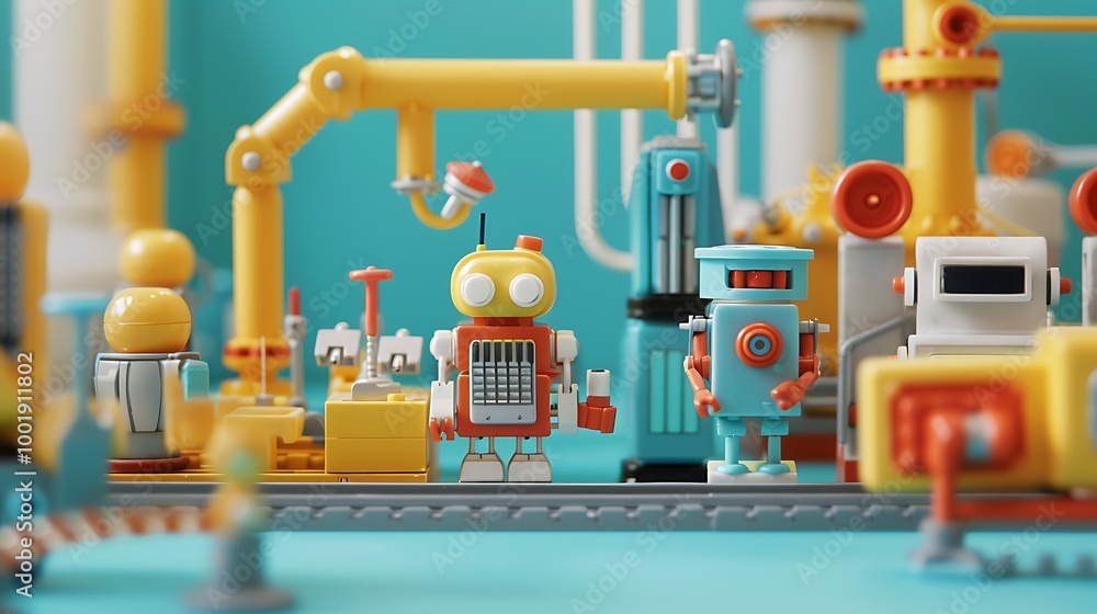 Fototapeta premium A toy robot factory with assembly line on a blue and yellow background