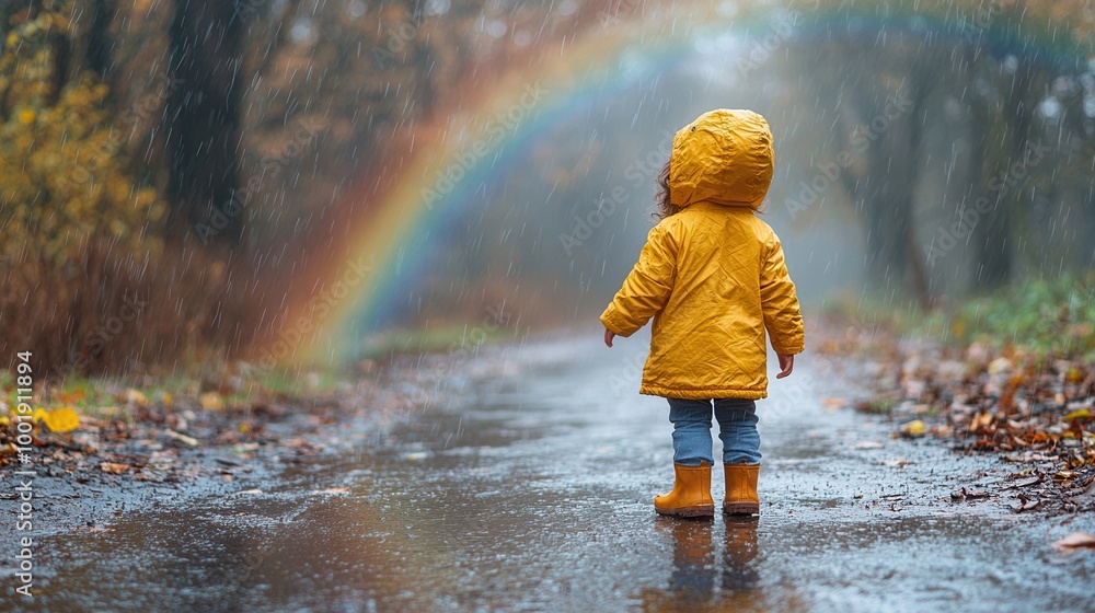 Child in Raincoat against Rainbow in Nature Child in Raincoat against Rainbow in Nature