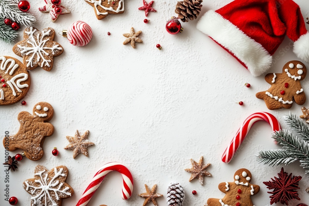 Art Christmas decorations frame with candy cane, gingerbread cookies and santa hat on white background. Christmas card concept. Art Christmas decorations frame with candy cane, gingerbread cookies and santa hat on white background. Christmas card concept.