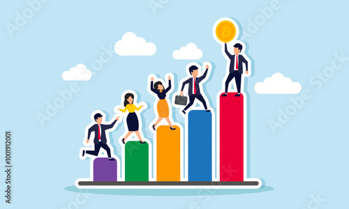 A group of businesspeople stands on different sections of a chart, with the highest one holding a bitcoin, an illustration of competition among individuals to acquire more bitcoin assets.