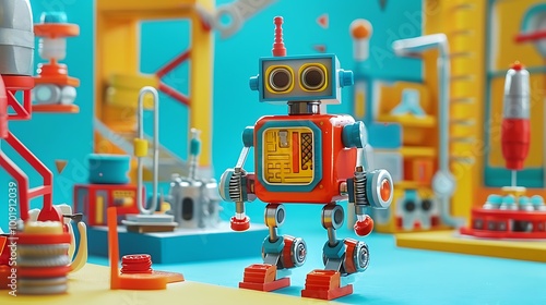 A toy robot with a factory setting on a blue and yellow background