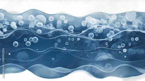 Underwater serenity captured in cyanotype style delicate air bubbles rise through layers of undulating blue waves creating a dreamy aquatic atmosphere. Cyanotype. Illustration photo