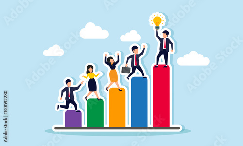 A group of businesspeople stands on different sections of a chart, with the highest one holding a light, an illustration of the competition in innovation and ideas for growth advancement.