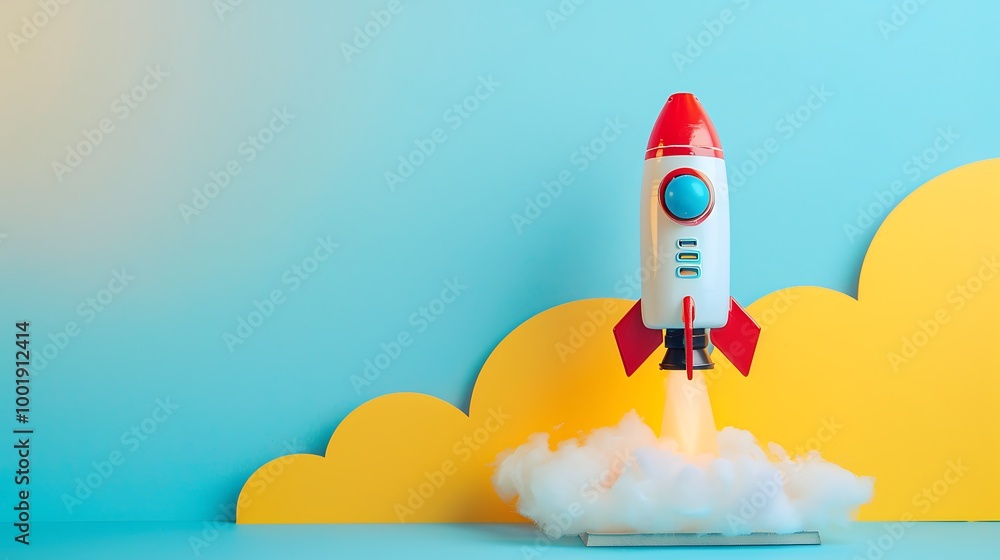 A toy rocket with a launch pad and astronaut on a blue and yellow background A toy rocket with a launch pad and astronaut on a blue and yellow background