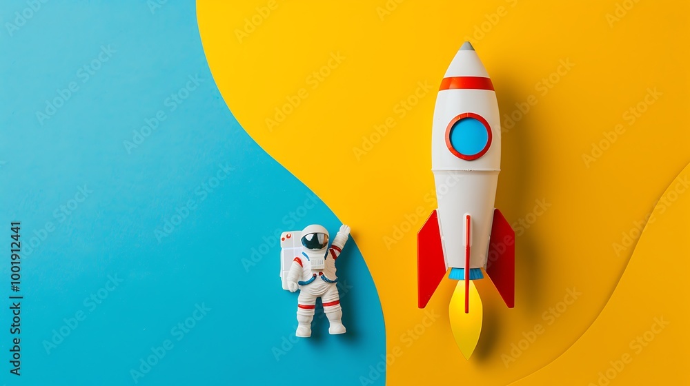 A toy rocket with a launch pad and astronaut on a blue and yellow background A toy rocket with a launch pad and astronaut on a blue and yellow background
