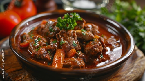 Traditional Goulash Dish in Rustic Bowl Setting