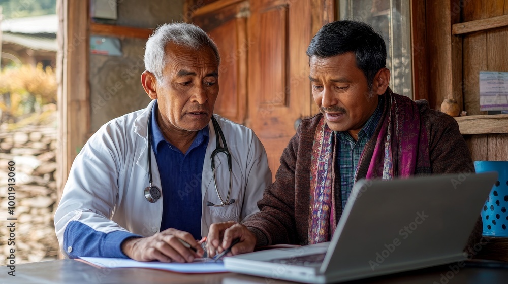 Empowering Healthcare: Nepalese Doctor Conducting Telemedicine Consultation with Middle-Aged Patient Using Digital Medical Tools for Seamless Health Service Empowering Healthcare: Nepalese Doctor Conducting Telemedicine Consultation with Middle-Aged Patient Using Digital Medical Tools for Seamless Health Service