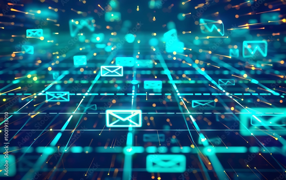 Obraz premium Abstract Digital Messaging with Luminous Lines and Message Icons Over Grid
