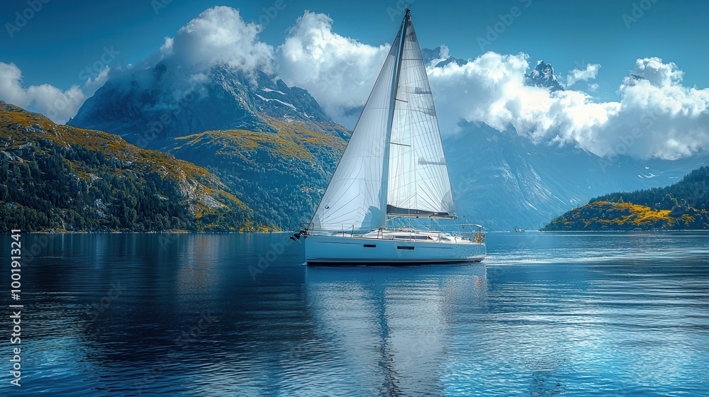 Naklejka premium Tranquil Sailboat on Serene Mountain Lake