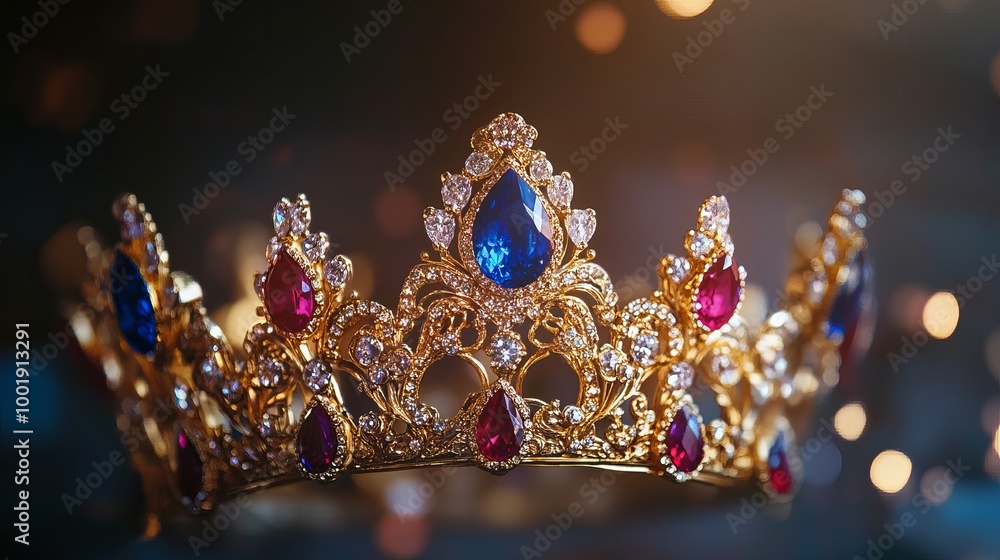 A gold crown set with sapphires, diamonds, and other priceless stones that gleams elegantly and draws attention to the gemstone's beauty. Its glitter draws attention to it. A gold crown set with sapphires, diamonds, and other priceless stones that gleams elegantly and draws attention to the gemstone's beauty. Its glitter draws attention to it.