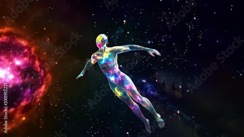 A person made of stardust floating in a vast, starfilled universe, with a bright nebula in the background.