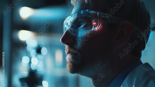 A Close-Up of a Scientist Wearing Safety Glasses in a Laboratory