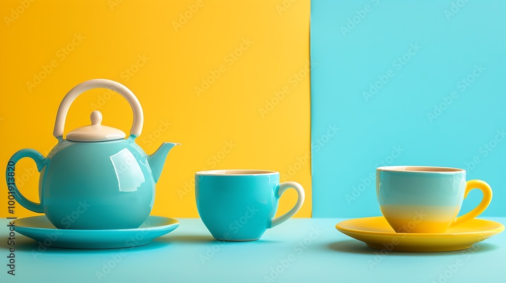 A toy tea set with cups and a teapot on a blue and yellow background A toy tea set with cups and a teapot on a blue and yellow background