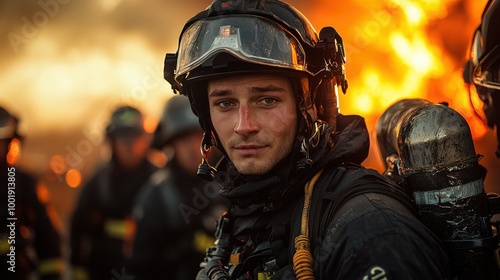 Brave firefighters respond to raging wildfire during golden hour, showcasing their dedication and courage in the line of duty photo