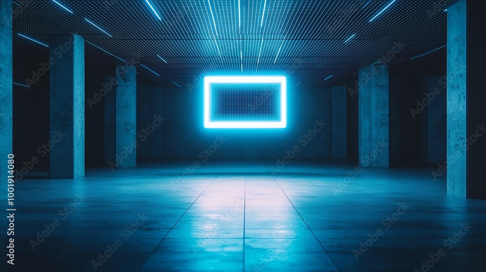A floating cybernetic model in a void-like space, illuminated by soft blue neon lights and holographic grids, minimalistic design, Sci-fi tones empty, model, cyber A floating cybernetic model in a void-like space, illuminated by soft blue neon lights and holographic grids, minimalistic design, Sci-fi tones empty, model, cyber