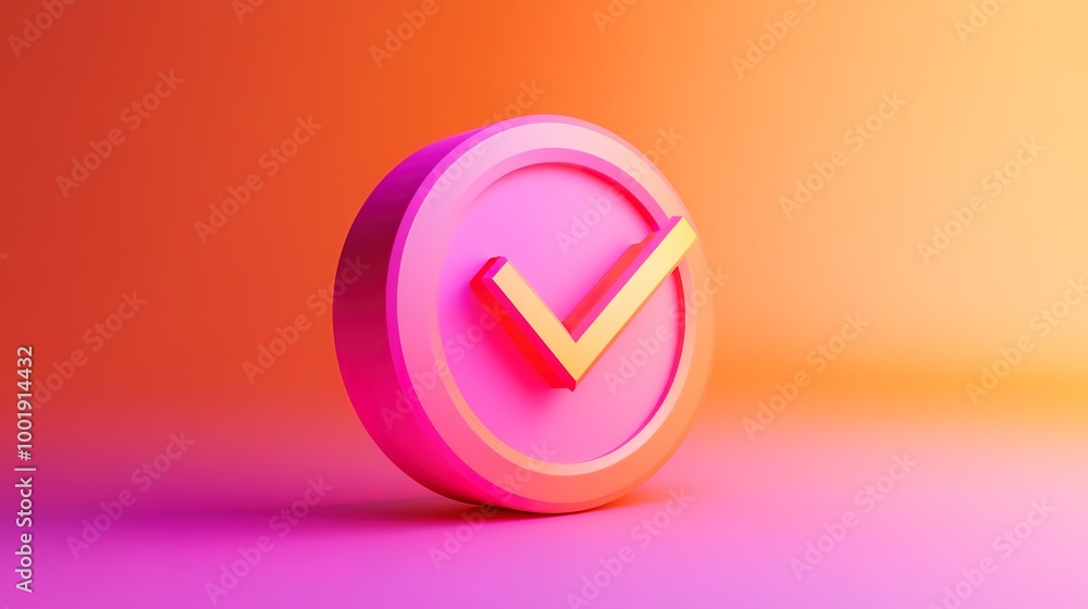 A modern 3D icon featuring a checkmark enclosed within a circular shape, designed with a vibrant gradient color transitioning from orange to pink. This eye-catching icon symbolizes approval, success, A modern 3D icon featuring a checkmark enclosed within a circular shape, designed with a vibrant gradient color transitioning from orange to pink. This eye-catching icon symbolizes approval, success,
