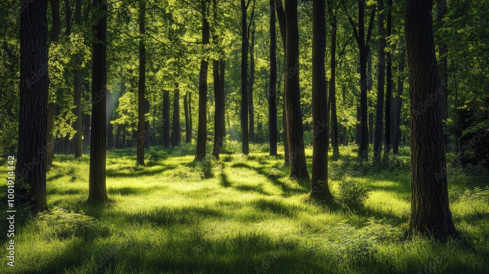 A dense forest, fresh nature with tall trees and lush green grass A dense forest, fresh nature with tall trees and lush green grass