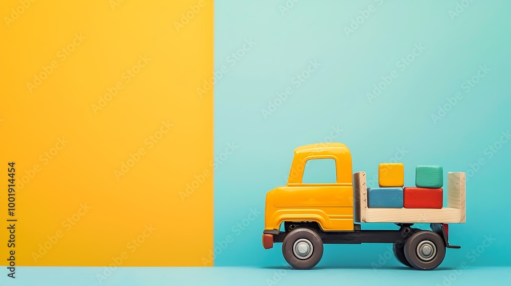 A toy truck carrying blocks on a blue and yellow background A toy truck carrying blocks on a blue and yellow background