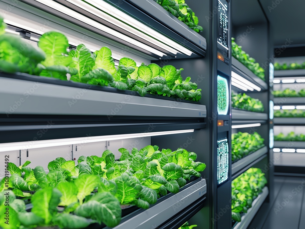 Automated smart systems growing organic produce in a futuristic facility, glowing holographic displays, sleek cyber-industrial machinery organic, smart, automated Automated smart systems growing organic produce in a futuristic facility, glowing holographic displays, sleek cyber-industrial machinery organic, smart, automated