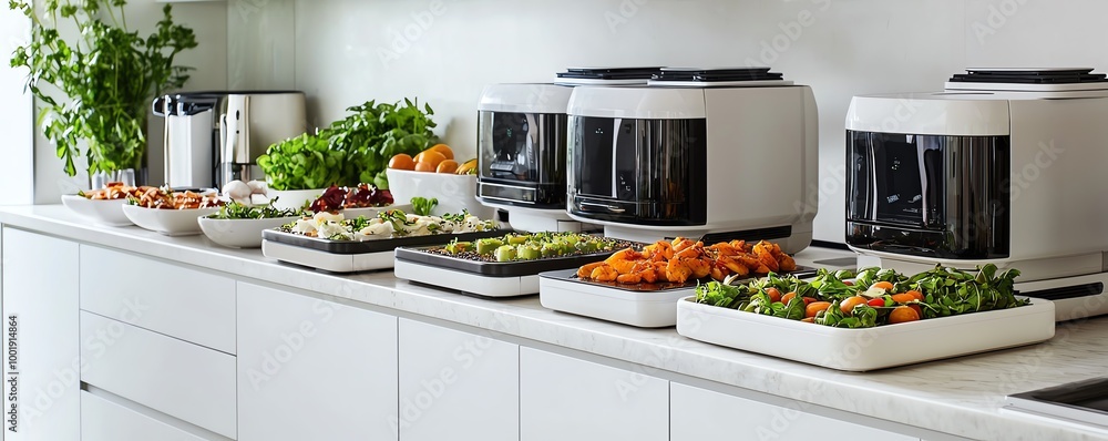 Smart kitchen gadgets working together to process and assemble organic dishes, minimalistic and futuristic, innovative dish preparation, robotic food processing Smart kitchen gadgets working together to process and assemble organic dishes, minimalistic and futuristic, innovative dish preparation, robotic food processing