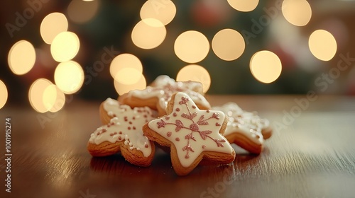 Delectable Christmas cookies with fuzzy lights behind on a wooden table.