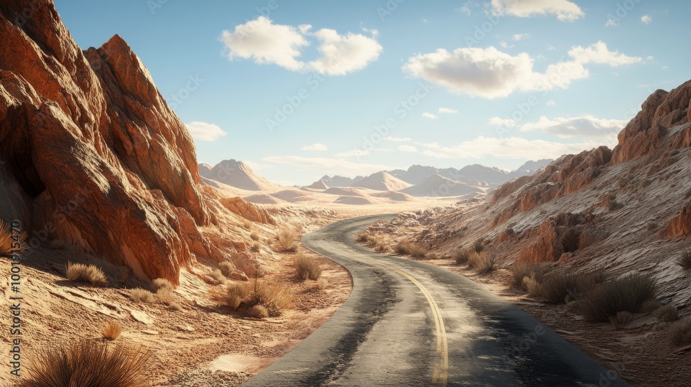 A narrow, winding desert road with steep cliffs A narrow, winding desert road with steep cliffs