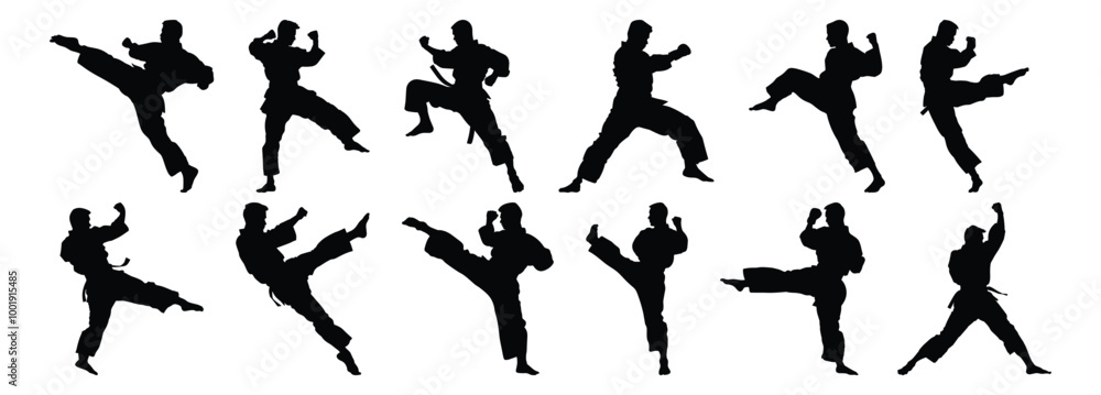 Fighter silhouettes set, warrior pack of vector silhouette design, isolated background Fighter silhouettes set, warrior pack of vector silhouette design, isolated background
