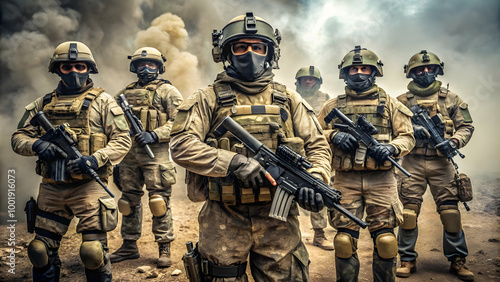 Group of highly trained soldiers standing in formation, showcasing military readiness. A team of tactical operators in rugged conditions, prepared for a mission in a conflict zone