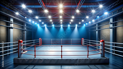 brightly lit boxing ring, ready for a championship fight.
An empty boxing ring, bathed in dramatic blue light, awaits its contenders. photo