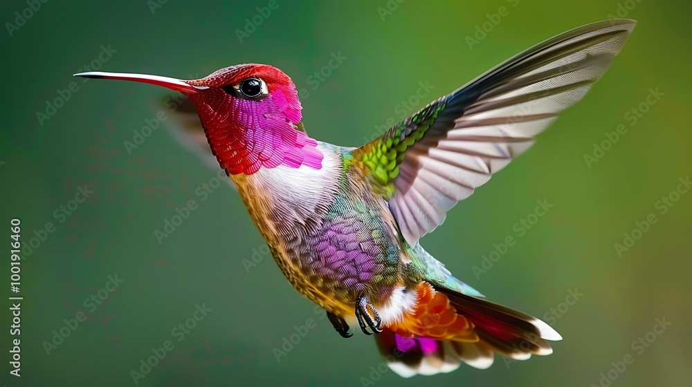 Obraz premium A vibrant hummingbird with red and purple wings sipping nectar