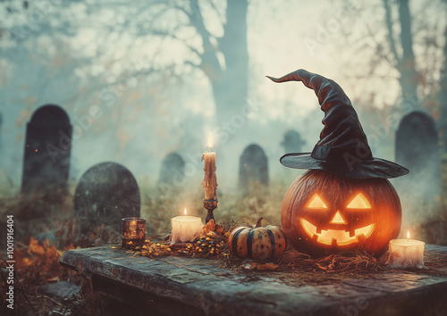 Halloween vibe Photo, A spooky Halloween scene with a glowing jack-o'-lantern, melted candles, and a witch's hat resting on one of the pumpkins