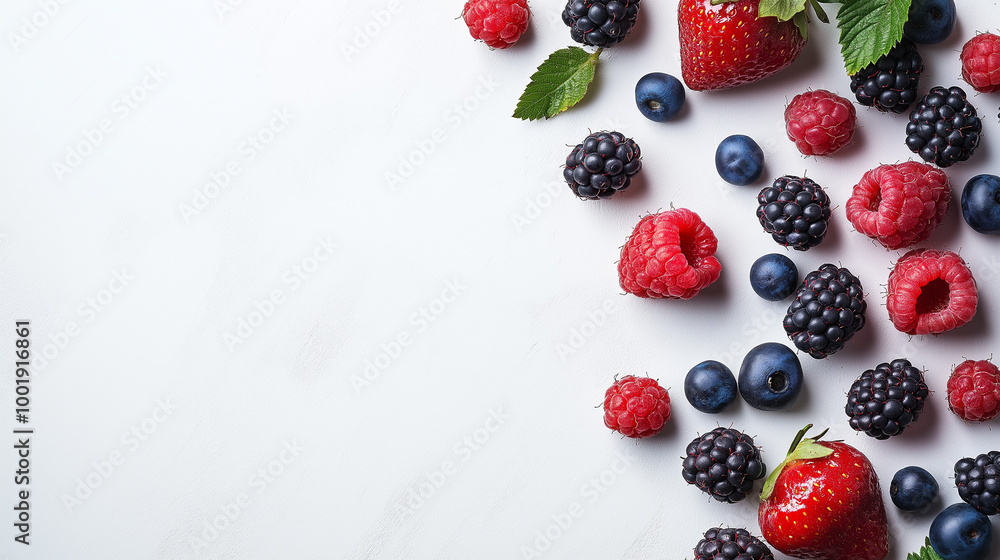 Top view of fresh berries on white background. Fresh and healthy food concept. Top view of fresh berries on white background. Fresh and healthy food concept.