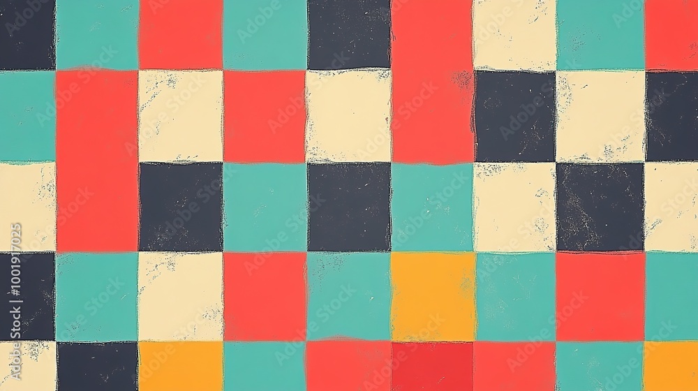 Fototapeta premium A vibrant flat design showcasing a classic checkerboard pattern, featuring alternating squares in contrasting colors that create a visually striking effect. This geometric arrangement conveys a sense 