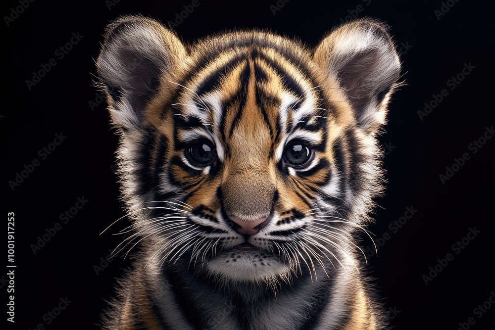 Obraz premium A close-up of a cute baby tiger on a dark studio shot