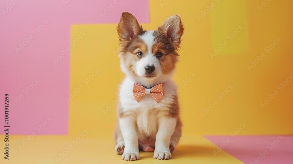 Adorable puppy sitting with a bow tie on pink and yellow background