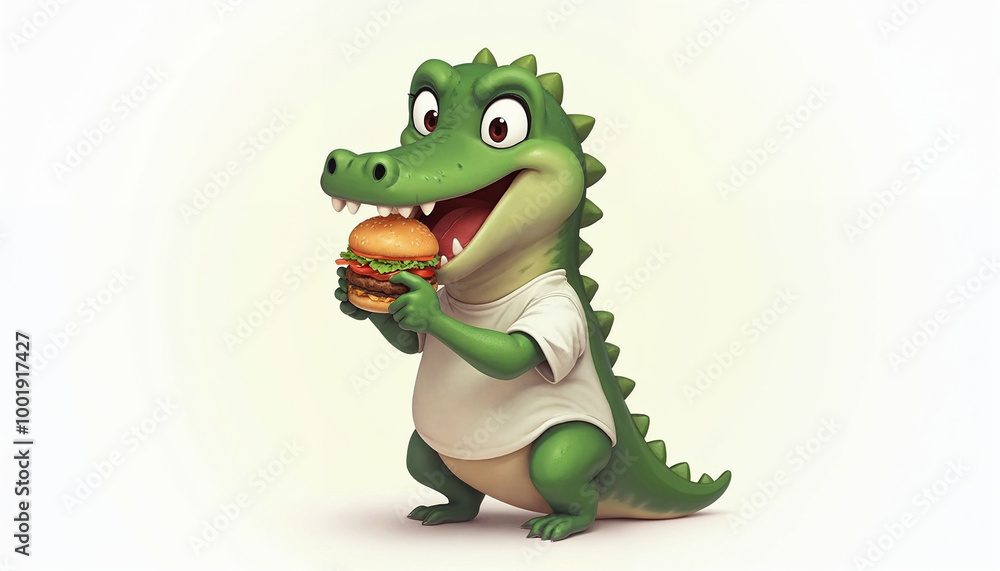 Fototapeta premium Crocodile wear t-shirt eating a hamburger