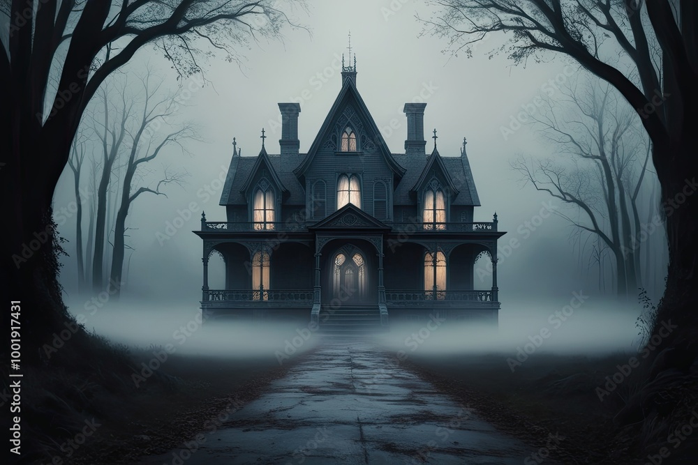Surreal Ethereal Artwork of a Mysterious Gothic Mansion in Foggy Landscape Surreal Ethereal Artwork of a Mysterious Gothic Mansion in Foggy Landscape
