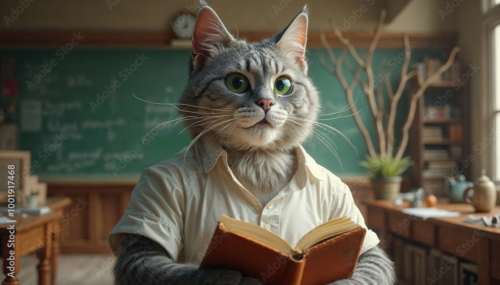 Cute cat stands confidently in a traditional teacher's pose in classroom