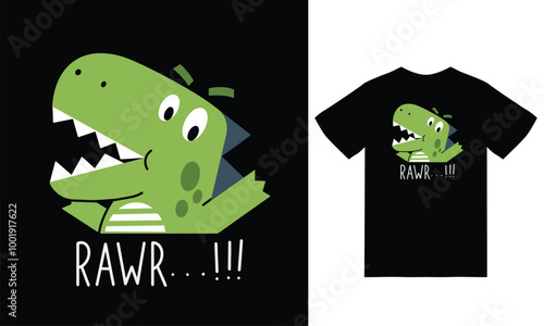 Cute dinosaur rawr illustration with tshirt design vector