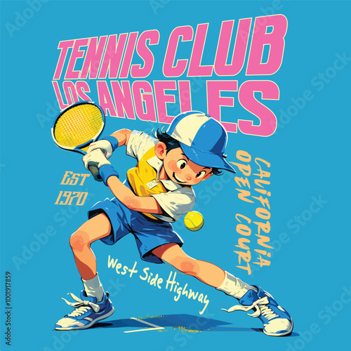 boy plays hand tennis in cartoon style, Tennis club vector t-shirt design. New York tennis league graphic print design. Racket tournament. Tennis college league. Retro varsity tennis logos prints.