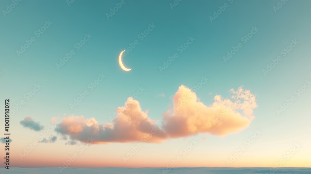 A tranquil evening sky with a single cloud shaped like a moon, softly glowing in warm A tranquil evening sky with a single cloud shaped like a moon, softly glowing in warm
