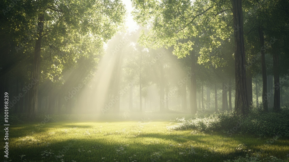 Fototapeta premium A tranquil forest clearing at daybreak, shrouded in light mist