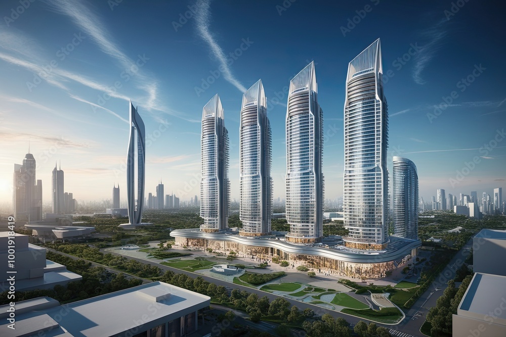 Obraz premium Futuristic Urban Design High Rise Shopping Center Architectural Landscape