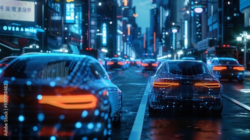 Autonomous Cars Gliding Through Urban Street with LED Lights and Digital Overlays