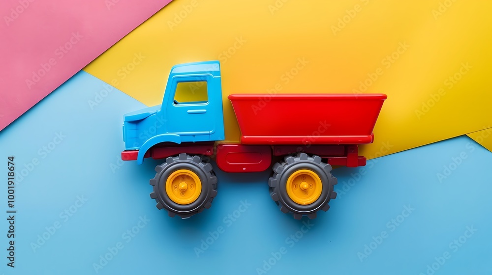 Baby toy truck isolated on colorful background Baby toy truck isolated on colorful background