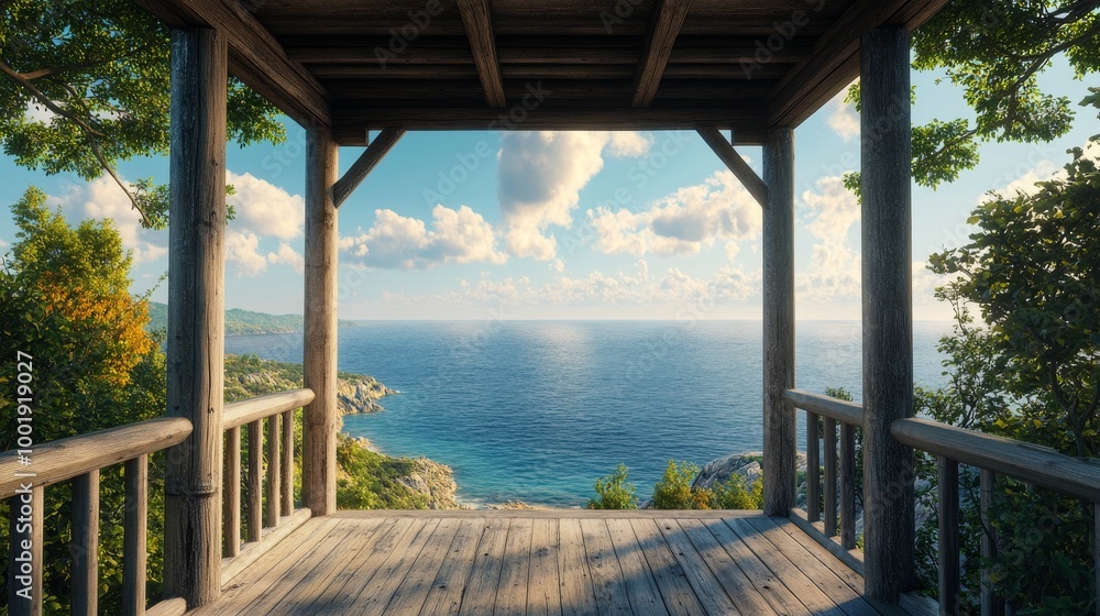 A wooden lookout offering a panoramic ocean view, with the coastline and distant hills only visible on the sides A wooden lookout offering a panoramic ocean view, with the coastline and distant hills only visible on the sides