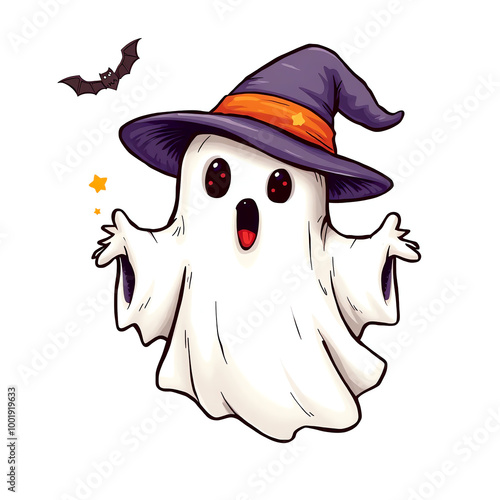 Cute cartoon ghost wearing a witch hat for Halloween