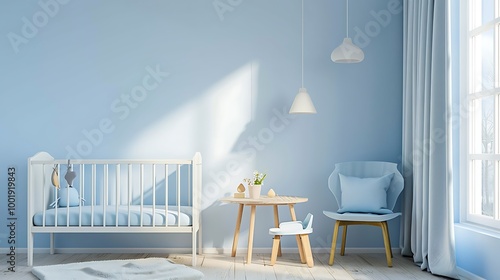 Blue baby room with small table chairs and cot